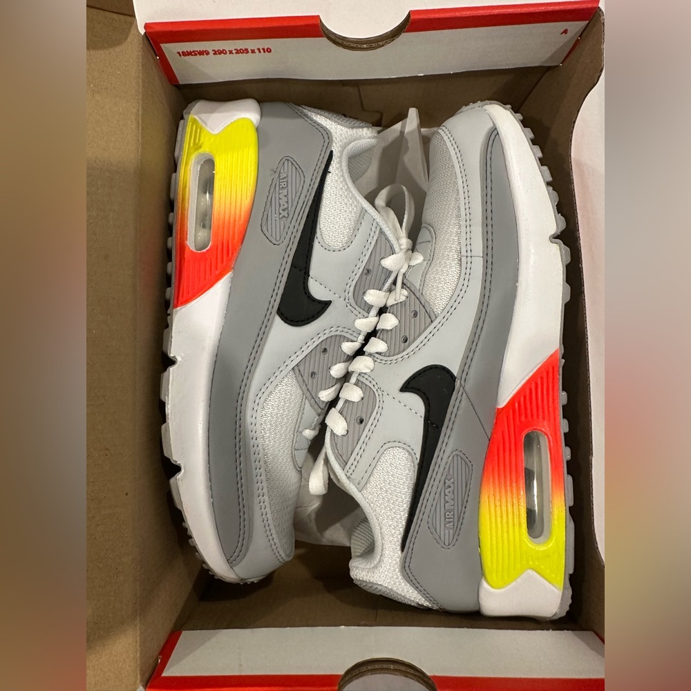 6.5Y Nike Air Max 90 GS Sneakers Gray, White, Neon Orange & Yellow